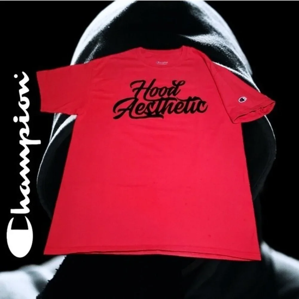 Champion T Shirt Mens Hood Aesthetic Graphic Script Red Large - Picture 1 of 8